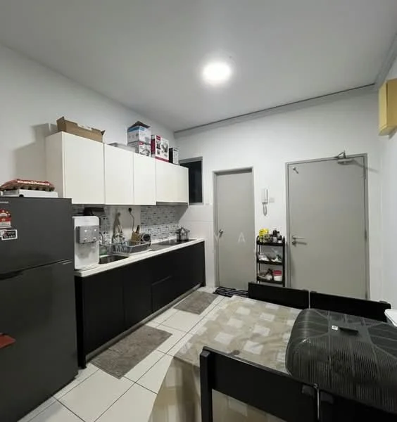 Kitchen features: white upper cabinets, black lower cabinets, stainless-steel sink, chrome pull-down faucet, black refrigerator, built-in countertop with tile backsplash, ceramic tile flooring, window above sink, dining table with chairs, wall-mounted air conditioning unit, door leading to another room, open shelving, kitchen appliances on countertop; style: modern.