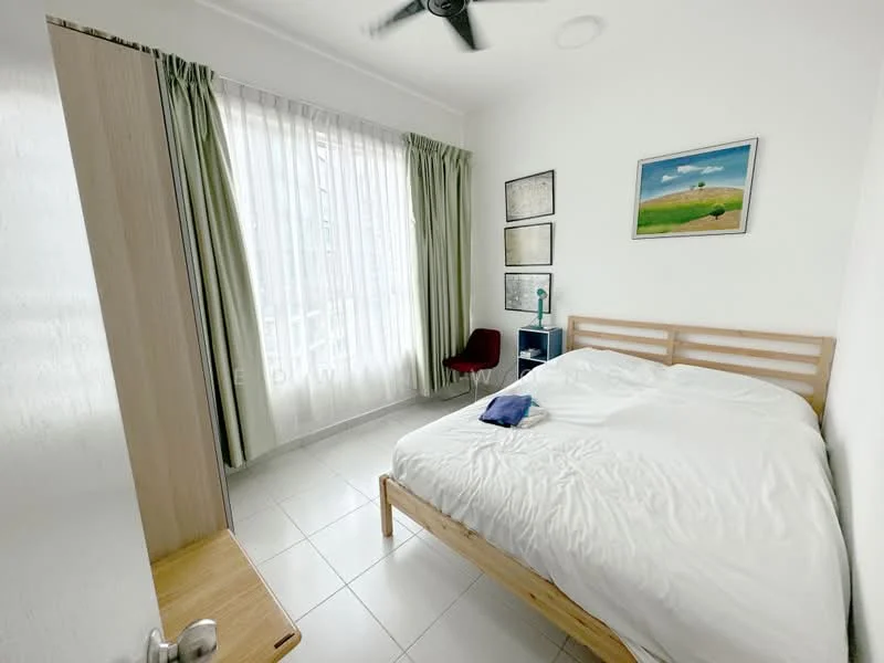 Bedroom features: queen-size bed with white bedding, wooden bed frame, floor-to-ceiling windows, sheer curtains, green drapes, white painted walls, ceiling fan, tile flooring, wooden bedside table, framed artwork on wall, red upholstered chair, built-in wardrobe; style: modern.
