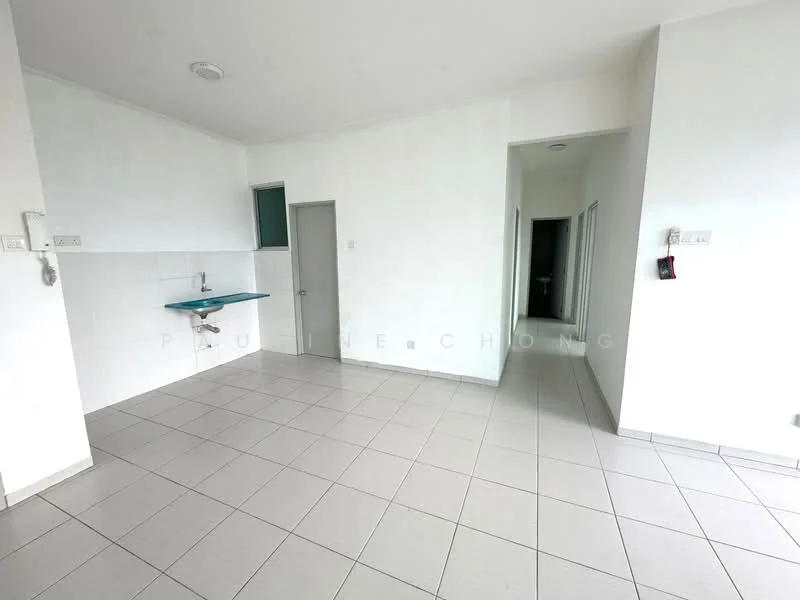 Room features: white painted walls, grey tiled flooring, single wall-mounted sink, blue countertop, door leading to hallway, door leading to unknown room, open space layout, natural light from windows; style: modern.