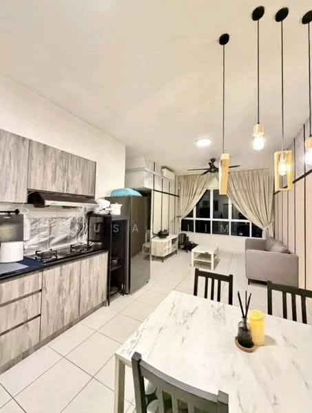 Kitchen features: grey wood cabinetry, black countertop, stainless-steel sink, chrome pull-down faucet, 4-burner gas hob, built-in oven, stainless-steel fridge, white tiled backsplash, pendant lighting, wall-mounted split AC, ceramic tile flooring, window with sheer curtains; style: modern. Living features: fabric sofa in light grey, coffee table, floor-to-ceiling window, curtains, area rug, wall-mounted TV, ceiling fan with light; style: modern.