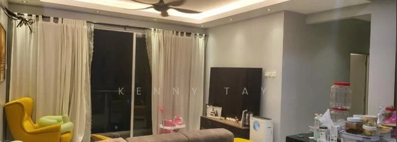 Living features: sofa in grey fabric, yellow accent chair, coffee table, wall-mounted TV, TV console, floor-to-ceiling windows, sheer curtains, recessed downlights, ceiling fan, decorative wall art, area rug, decorative items on console; style: modern.