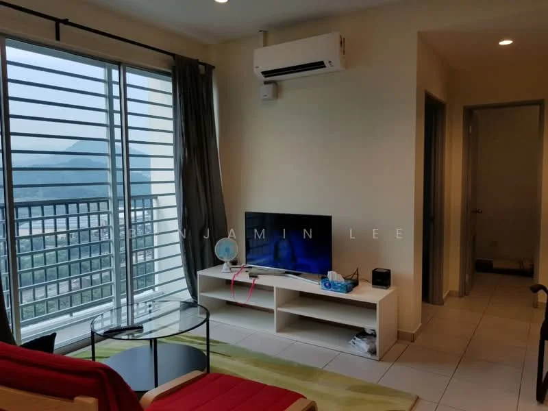 Living features: floor-to-ceiling windows, grey curtains, white painted walls, tile flooring, 3-seater red lounge chair, glass coffee table, white TV console, wall-mounted TV, air conditioning unit, decorative fan, green area rug; style: modern; view: city. Room features: white painted walls, tile flooring, doorway leading to another room.
