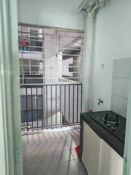 Kitchen features: black countertop, single-basin sink, gas stove with two burners, white cabinetry, grey tiled flooring, window with metal grille, balcony access, exposed pipes; style: modern.
