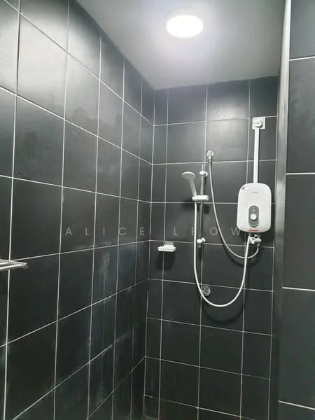 Bathroom features: black tiled walls, shower area, rain shower head, handheld shower, chrome shower mixer, built-in shower niche, recessed ceiling light, glass shower screen; style: modern.