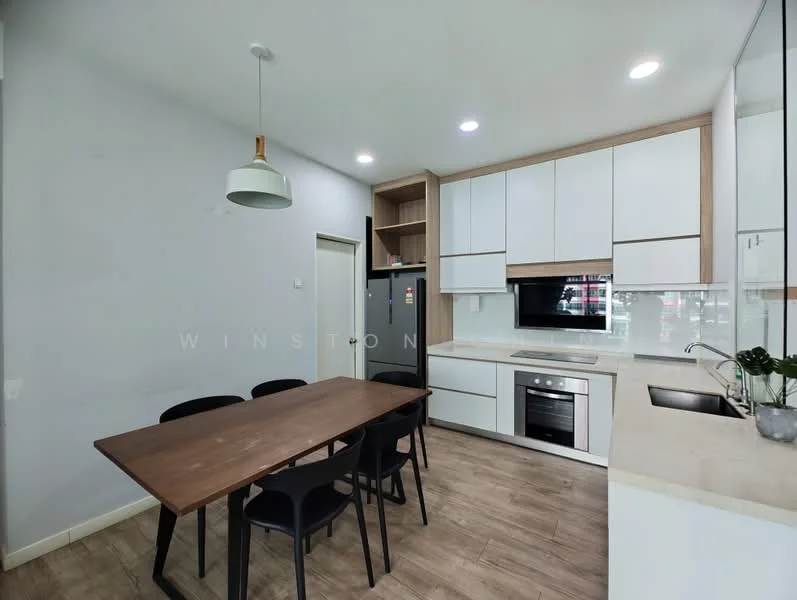 Kitchen features: white cabinetry, wooden countertop, stainless-steel sink, chrome pull-down faucet, built-in oven, stainless-steel range hood, 4-burner gas hob, refrigerator, dining table with 6 black chairs, light fixture, laminate flooring, grey painted walls, backlit mirror; style: modern.