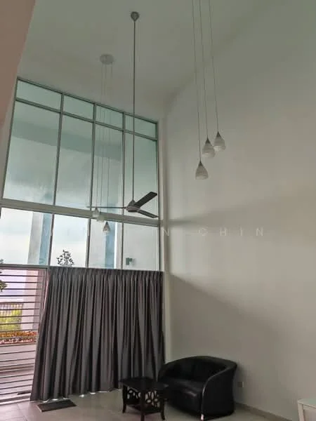 Living features: high ceiling, large floor-to-ceiling windows, grey curtains, 5-blade ceiling fan with light, black leather armchair, round wooden coffee table, white walls, tile flooring; style: modern; view: city.