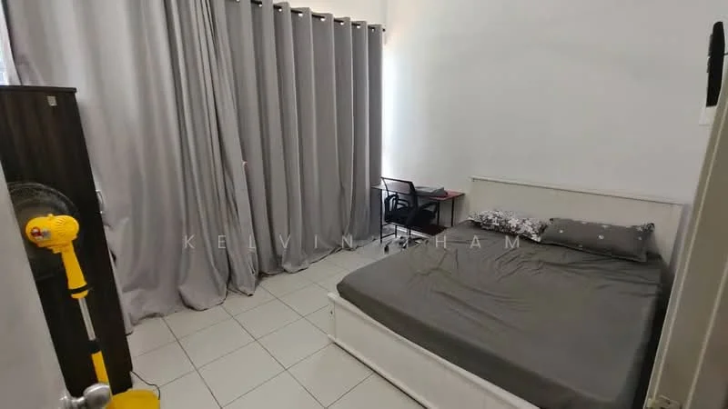 Bedroom features: queen-size bed, grey bedding, white bed frame, floor-to-ceiling curtains in grey, desk with chair, tile flooring, wall-mounted fan, decorative pillow.