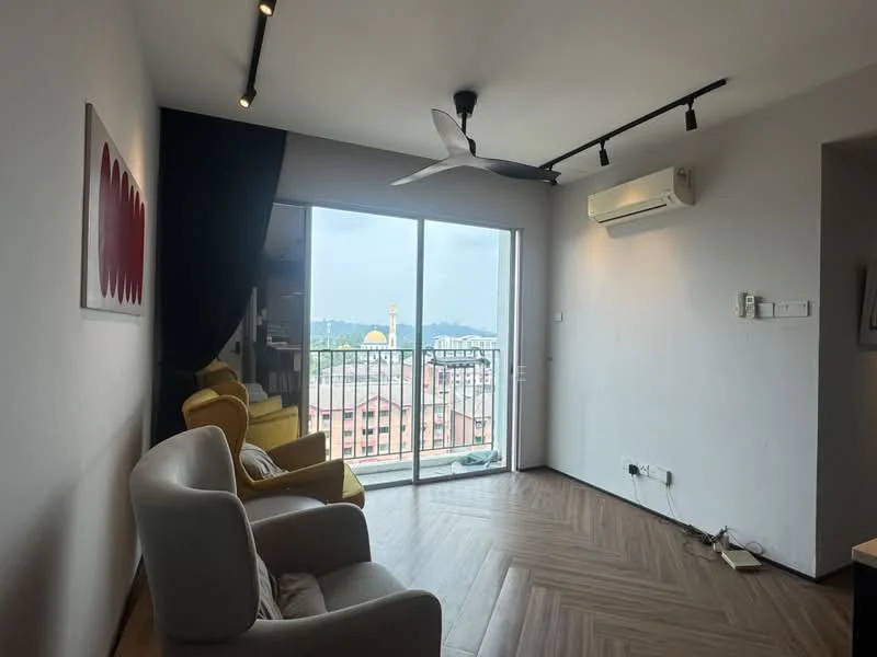 Living features: 5-blade ceiling fan with light, floor-to-ceiling windows, sliding glass door, white painted walls, laminate flooring, recessed downlights, two armchairs in light fabric, yellow accent chair, air conditioning unit, decorative artwork on wall; style: modern; view: city.