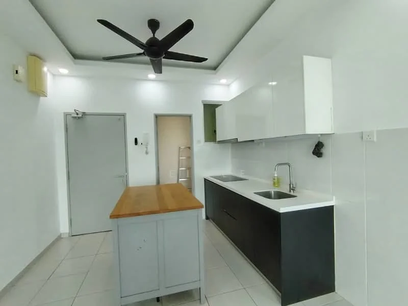 Kitchen features: white painted walls, grey cabinetry, wooden countertop on island, double-bowl stainless-steel sink, chrome pull-down faucet, built-in oven, freestanding range oven, recessed downlights, 5-blade ceiling fan, tile flooring, open shelving, wall-mounted air conditioning unit; style: modern.