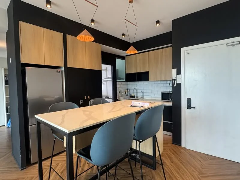 Kitchen features: stainless-steel fridge, black cabinetry, white subway tile backsplash, marble countertop, 4-burner gas hob, built-in microwave, pendant lighting, bar seating with 4 stools, wooden flooring, open shelving, kitchen sink, chrome faucet; style: modern.