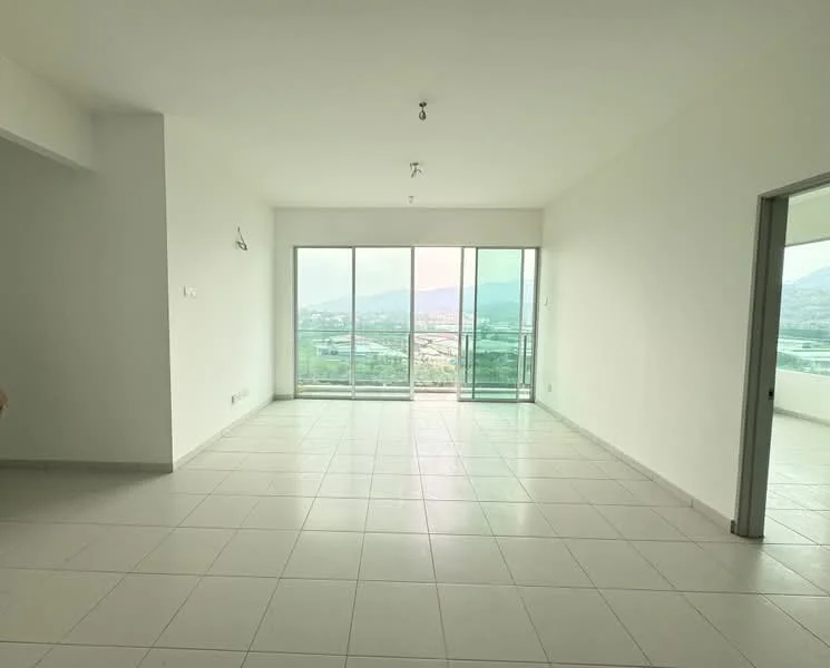 Living features: white painted walls, tile flooring, floor-to-ceiling windows, mountain view, recessed downlights, open layout, sliding glass door, neutral color scheme; style: modern; view: mountain.