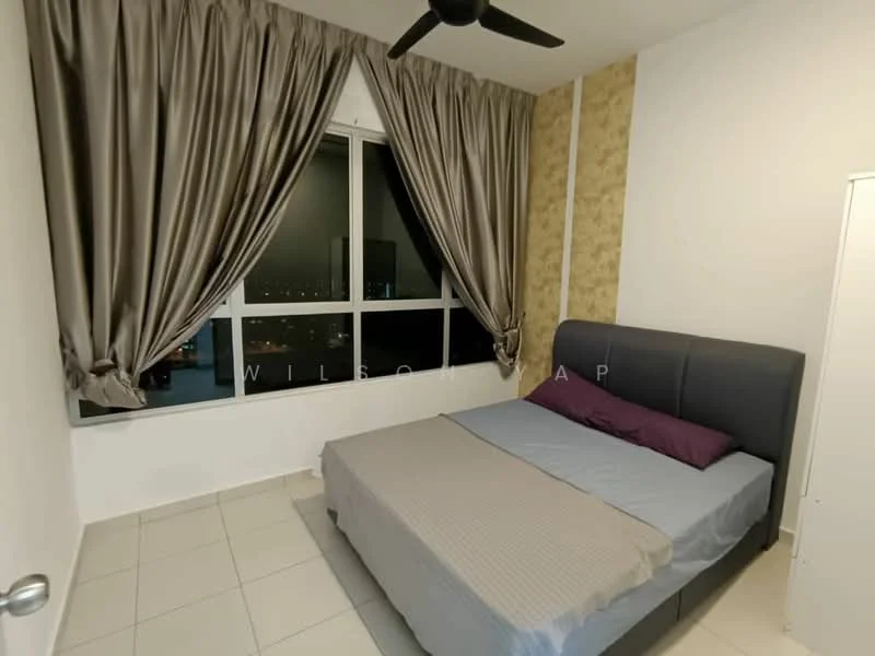 Bedroom features: queen-size bed, upholstered headboard, grey bedding, purple pillow, floor-to-ceiling window, sheer curtains, dark grey curtain, tile flooring, decorative accent wall, ceiling fan; style: modern; view: city.