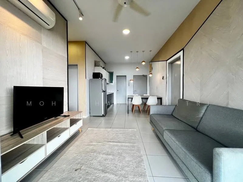 Living features: grey fabric sofa, coffee table, wall-mounted TV, TV console with storage, recessed downlights, ceiling fan, white walls with textured finish, large windows, tile flooring, air conditioning unit, area rug; style: modern. Kitchen features: stainless-steel fridge, kitchen cabinets, countertop, open layout, dining table with chairs; style: modern.