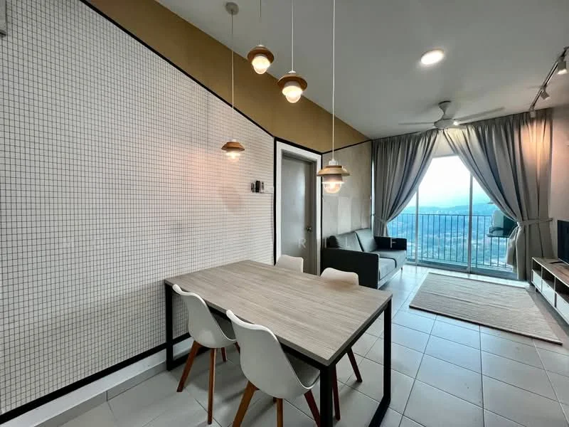 Dining features: dining table with wooden top, 4 white plastic dining chairs, grid-patterned accent wall, cream painted walls, large sliding glass door, floor-to-ceiling curtains, city view from balcony, recessed ceiling lights, ceiling fan, light fixtures with pendant lamps; style: modern; view: city. Living features: black fabric sofa, area rug, wall-mounted TV, decorative wall shelf; style: modern; view: city.