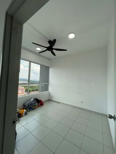 Bedroom features: white painted walls, tile flooring, 5-blade ceiling fan, floor-to-ceiling windows, city view, natural light, neutral color scheme, minimalist decor; style: modern; view: city.