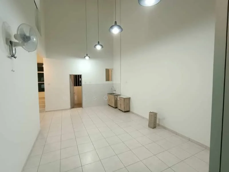 Room features: white painted walls, tile flooring, high ceiling, 3 pendant lights, 2 wall-mounted fans, wooden cabinet, open layout, neutral color scheme; style: modern.