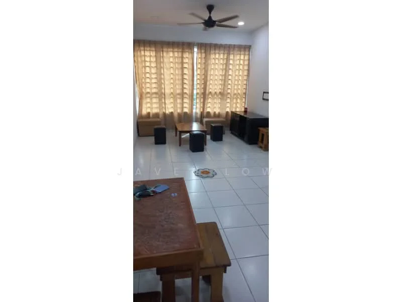 Living features: white walls, glossy tile flooring, 5-blade ceiling fan, large windows with sheer curtains, wooden coffee table, two small black stools, black console table, decorative wall art, neutral color scheme; style: modern.