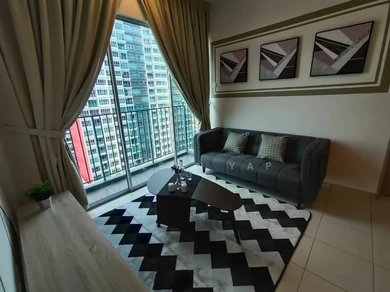 Living features: grey fabric sofa, 2 decorative cushions, black and white geometric area rug, wooden coffee table, floor-to-ceiling windows, curtains in beige, framed artwork on walls, light-colored tiled flooring; style: modern; view: city.