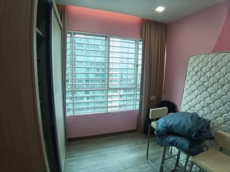 Room features: pink painted walls, wooden flooring, floor-to-ceiling windows, window with horizontal slats, built-in wardrobe, folding chairs, mattress leaning against wall, curtains, decorative throw blankets; style: modern; view: city.