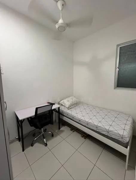 Bedroom features: single bed with mattress, white painted walls, ceiling fan, window with frosted glass, tile flooring, desk with chair, built-in wardrobe; style: minimalist.