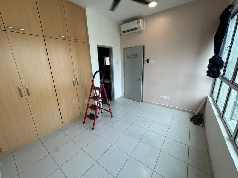 Room features: built-in wooden wardrobe with multiple doors, white walls, grey door, floor-to-ceiling windows, white window treatments, tile flooring, 1 wall-mounted split AC, ceiling fan, step ladder, light switch, power outlet; style: modern; view: city.