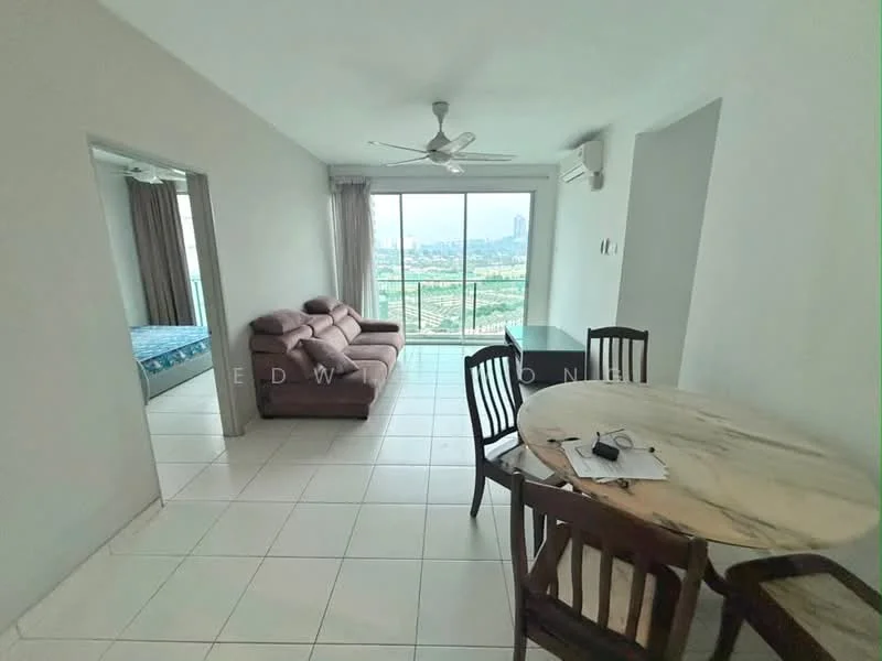 Living features: 3-seater fabric sofa in light brown, ceiling fan, floor-to-ceiling windows, white painted walls, tile flooring, dining table with marble top, 4 wooden dining chairs, air conditioning unit, decorative wall, city view; style: modern; view: city. Room features: bed with blue mattress, curtains, white painted walls, tile flooring.