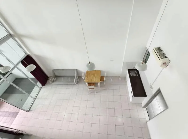 Living features: white painted walls, tile flooring, 5-blade ceiling fan, 2 pendant lights, sofa in grey, dining table with 4 chairs, wall-mounted split AC, large windows with sheer curtains; style: modern. Kitchen features: L-shaped countertop, stainless-steel sink, built-in cabinetry, stove, refrigerator, wall-mounted cabinets; style: modern.