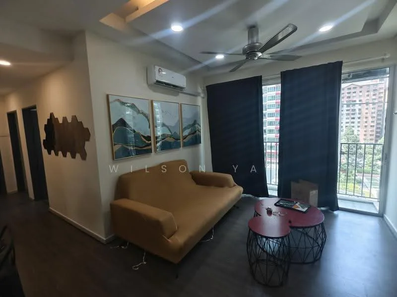 Living features: beige fabric sofa, 2 black metal coffee tables, floor-to-ceiling windows, blackout curtains, 1 wall-mounted split AC, recessed downlights, wooden flooring, decorative wall art with mountain design; style: modern; view: city. Room features: grey painted walls, doorway leading to hallway.
