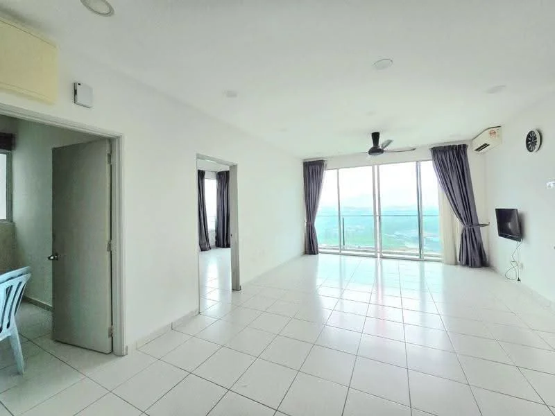 Living features: white painted walls, white ceiling, floor-to-ceiling windows, sliding glass door, grey curtains, 5-blade ceiling fan, wall-mounted TV, ceramic tile flooring, air conditioning unit; style: modern; view: mountain. Room features: white painted walls, white ceiling, ceramic tile flooring, door leading to another room.