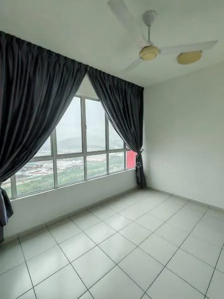 Room features: floor-to-ceiling windows, grey curtains, white painted walls, tile flooring, ceiling fan, mountain view; style: modern; view: mountain.