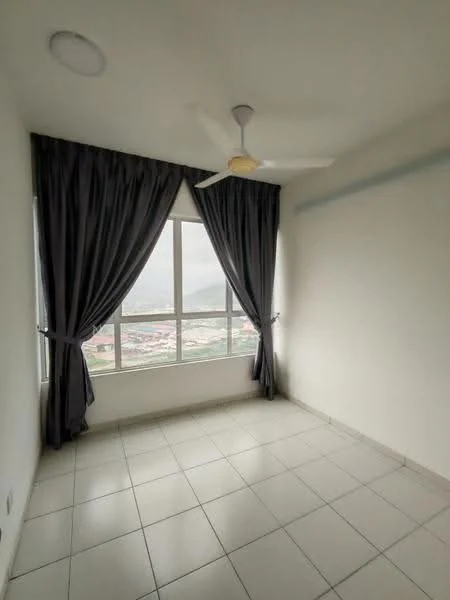 Room features: floor-to-ceiling windows, grey curtains, white painted walls, ceiling fan, tile flooring, mountain view; style: modern; view: mountain.