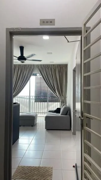 Living features: grey fabric sofa, 5-blade ceiling fan, floor-to-ceiling windows, sheer curtains, white walls, white tiled flooring, decorative wall art, balcony view; style: modern; view: city.