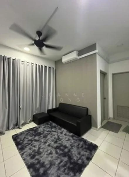 Living features: grey fabric sofa, black ottoman, area rug with geometric pattern, ceiling fan, wall-mounted air conditioning unit, grey curtains, white tiled flooring, accent wall in grey; style: modern.