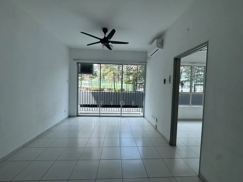 Living features: white painted walls, tile flooring, 5-blade ceiling fan, sliding glass door, floor-to-ceiling windows, air conditioning unit, balcony view; view: garden.