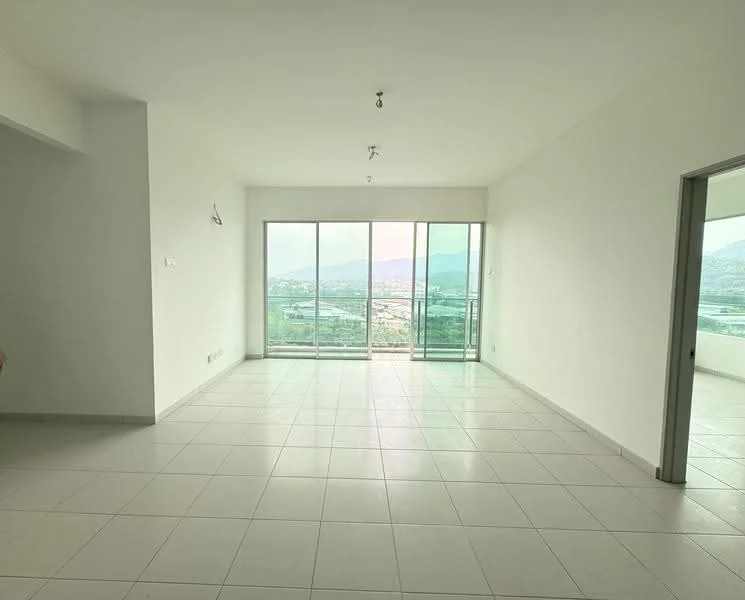 Living features: white painted walls, tile flooring, floor-to-ceiling windows, sliding glass door, mountain view, recessed downlights, open layout, neutral color scheme; style: modern; view: mountain.