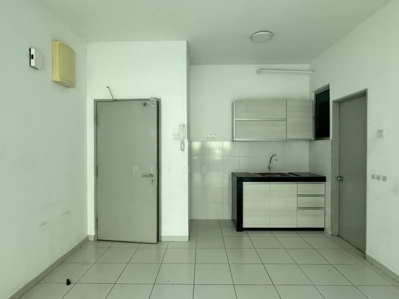 Kitchen features: white painted walls, tile flooring, single-bowl stainless-steel sink, chrome pull-down faucet, black countertop, light wood cabinetry, built-in kitchen cabinets, wall-mounted split AC; style: modern. Room features: white painted walls, tile flooring, door, light fixture.