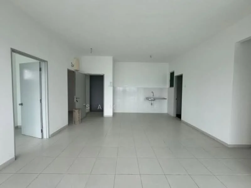 Room features: white painted walls, grey tiled flooring, kitchenette with sink, open layout, multiple doorways, large windows, neutral color scheme, high ceiling; style: modern.