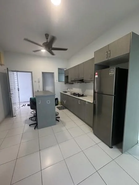 Kitchen features: grey cabinetry, white countertop, stainless-steel fridge, built-in gas stove, exhaust hood, bar stools, white tiled flooring, ceiling fan, window for natural light, open layout to adjacent area; style: modern.