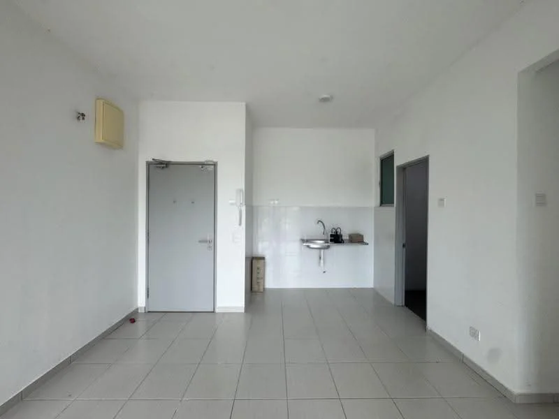 Room features: white painted walls, grey tiled flooring, single-bowl stainless-steel sink, wall-mounted faucet, kitchen cabinetry, door to hallway, door to exterior, ceiling light fixture, air conditioning unit; style: minimalist.
