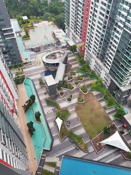 Exterior type: high-rise condominium; features: infinity pool, landscape garden, children's playground, outdoor gym, jogging track, BBQ pit, manicured lawn, multi-level deck, water features, seating areas, tropical landscaping; style: modern.