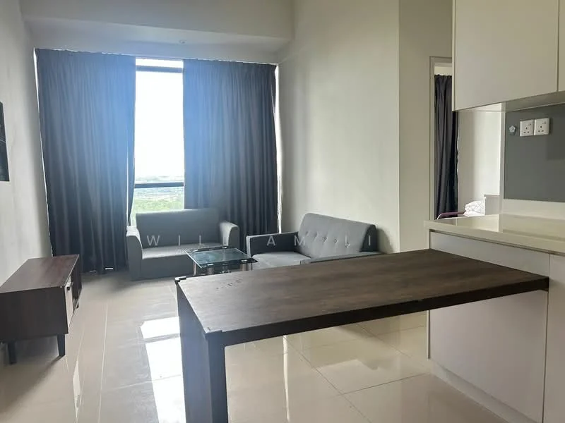 Living features: grey fabric sofa, 2-seater sofa, glass coffee table, wooden side table, large window with city view, floor-to-ceiling curtains, cream painted walls, glossy tile flooring; style: modern; view: city.