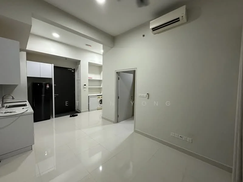 Room features: white painted walls, glossy tile flooring, wall-mounted split AC, kitchenette with sink, black fridge, white cabinetry, open shelving, countertop, doorway leading to another room, recessed lighting; style: modern.