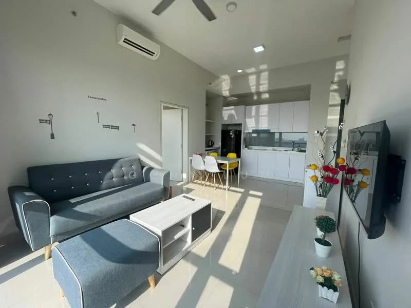 Living features: 3-seater fabric sofa in grey, coffee table, wall-mounted TV, ceiling fan, floor-to-ceiling windows, light-colored walls, tile flooring, decorative wall art, potted plant, natural light from windows; style: modern. Kitchen features: white cabinetry, stainless-steel fridge, built-in oven, 4-burner gas hob, kitchen island with yellow dining chairs, grey countertop, open shelving; style: modern.