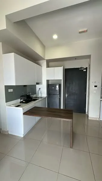 Kitchen features: white cabinetry, grey backsplash, stainless-steel fridge, built-in stove, single-bowl stainless-steel sink, chrome pull-down faucet, countertop with overhang, tile flooring, recessed downlights; style: modern.