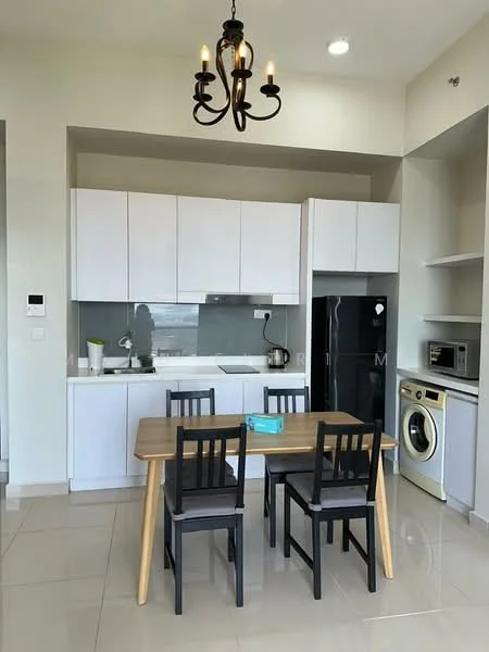 Kitchen features: white cabinetry, grey backsplash, stainless-steel fridge, built-in oven, microwave, washing machine, 4-seater dining table, black dining chairs, chandelier light fixture, ceramic tile flooring, recessed downlights; style: modern.