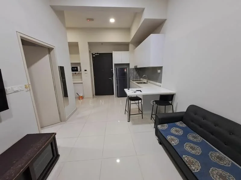 Living features: grey fabric sofa, coffee table, wall-mounted TV, white painted walls, glossy tile flooring, recessed downlights, open-plan layout, kitchen island with seating, stainless-steel fridge, built-in oven, microwave, single-bowl stainless-steel sink, chrome pull-down faucet; style: modern.