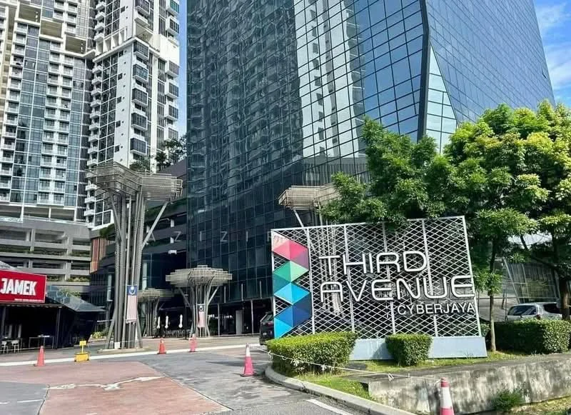 Exterior type: high-rise condominium; features: glass curtain wall, modern facade, landscaped entrance, signage with 'Third Avenue', manicured lawn, trees and greenery, paved driveway, parking area, surrounding urban context; style: modern.