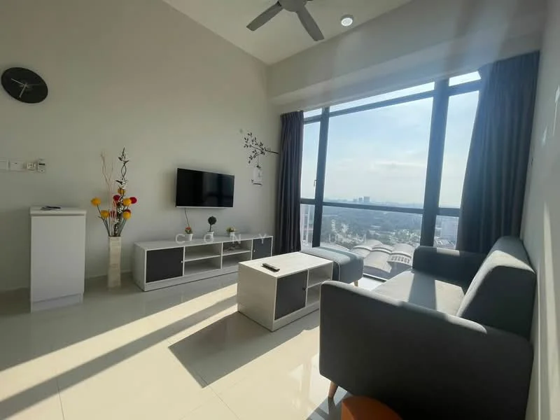 Living features: grey fabric sofa, white coffee table, TV console with storage, wall-mounted TV, floor-to-ceiling windows, curtains, ceiling fan, decorative vase with flowers, light-colored tiled flooring, wall clock, wall art, natural light from windows; style: modern; view: city.