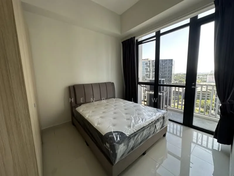 Bedroom features: queen-size bed, upholstered headboard, floor-to-ceiling windows, blackout curtains, light-colored walls, glossy tile flooring, built-in wardrobe, city view; style: modern; view: city.