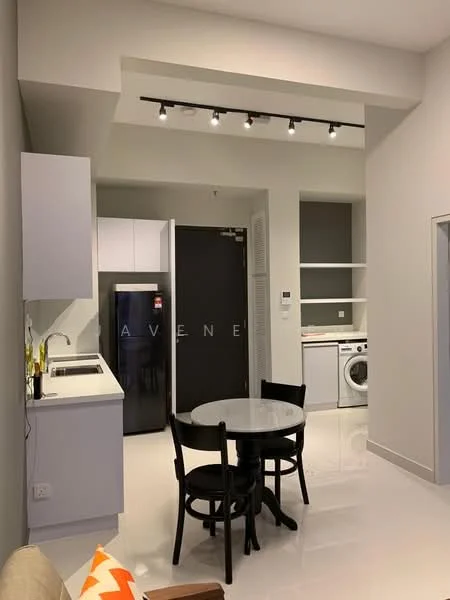 Kitchen features: white cabinetry, black refrigerator, built-in washing machine, white countertop, single-bowl stainless-steel sink, chrome pull-down faucet, open shelving, track lighting, white tile backsplash, round dining table, black dining chairs, white tiled flooring; style: modern.